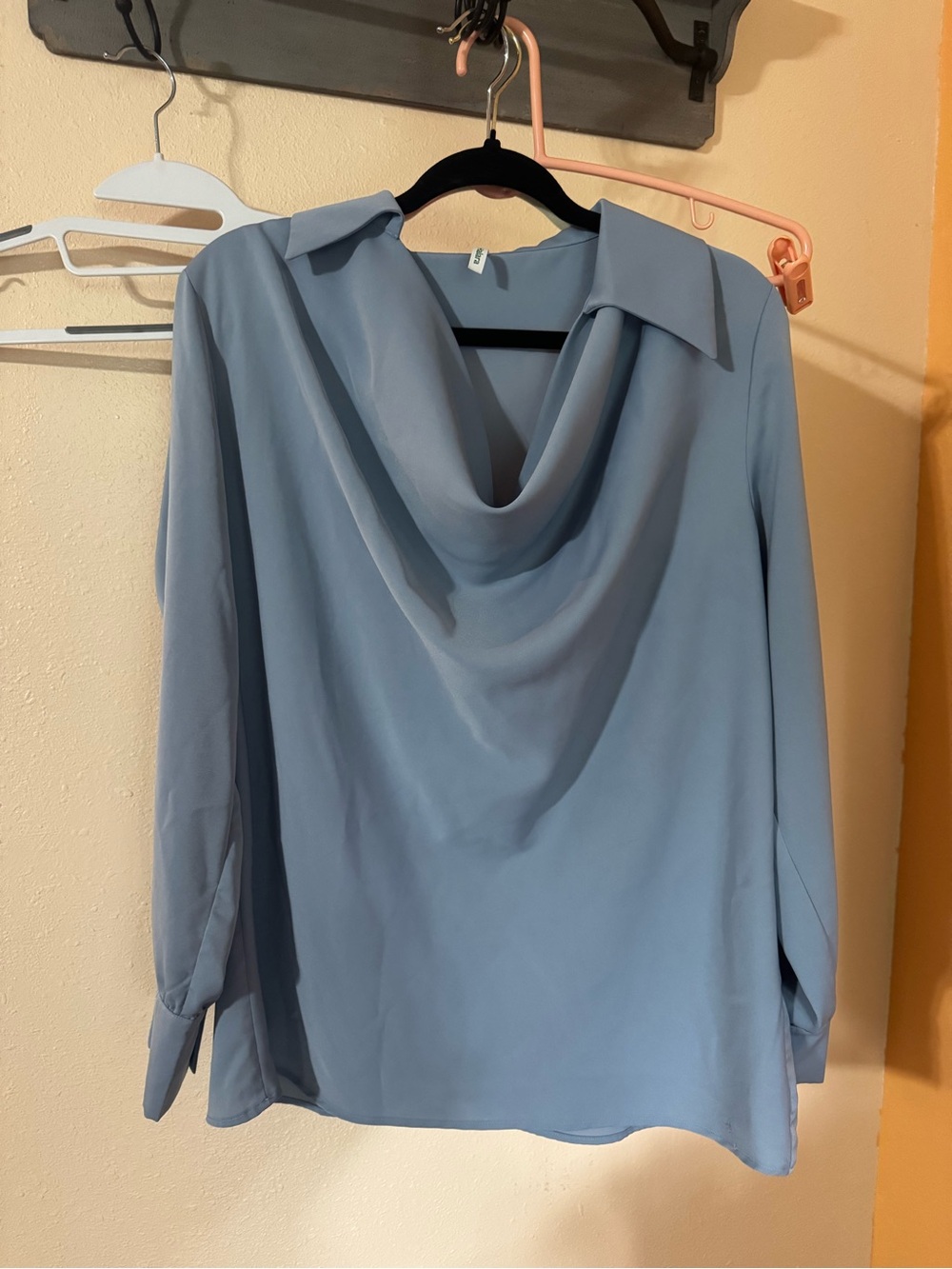 HALARA Dusty Blue Draped Cowl Neck Blouse